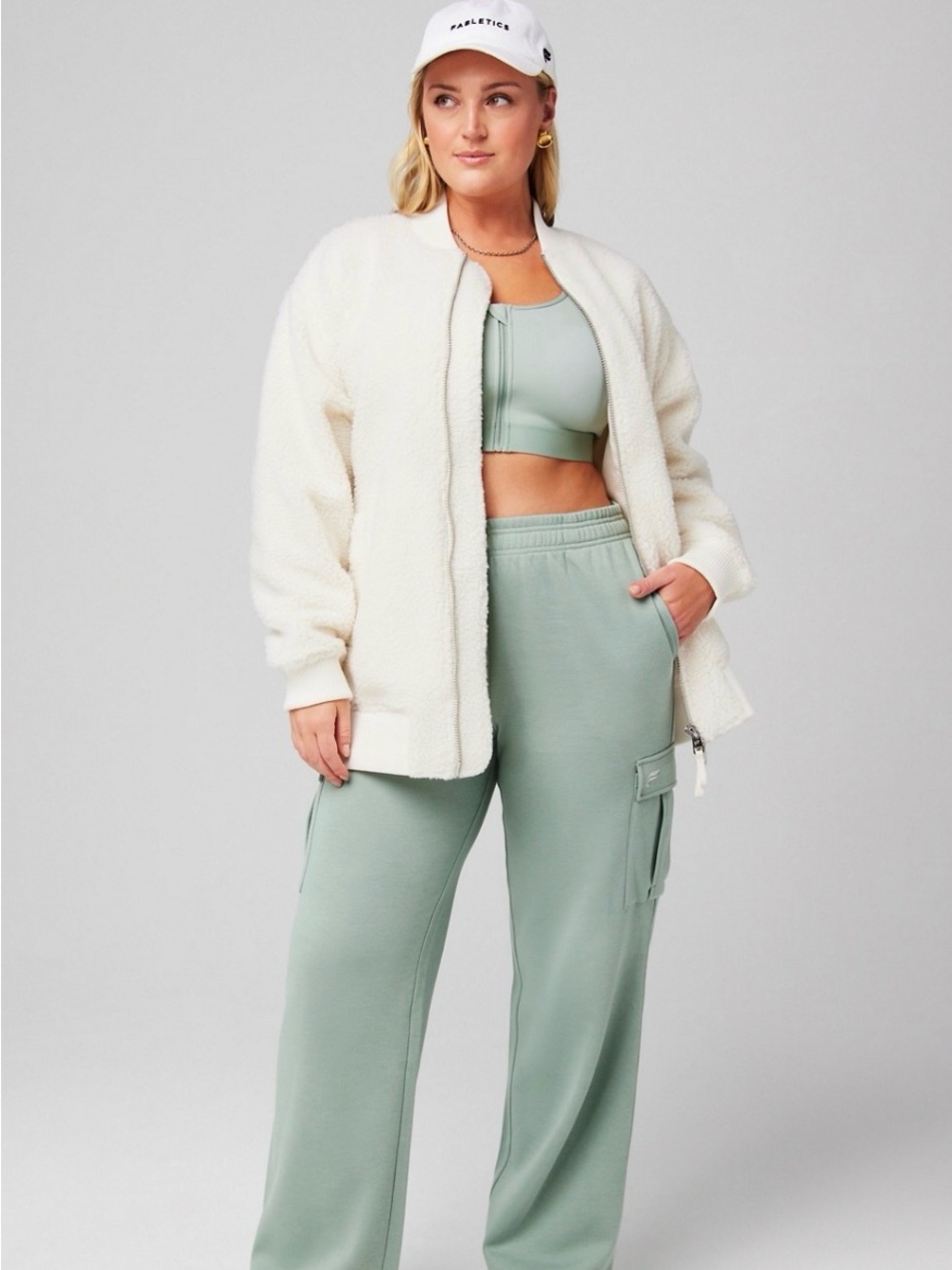 🪗Fabletics Teddy oversized bomber jacket Bone color size L GUC